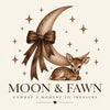 Moon & Fawn — Unwrap a moment to treasure. Crescent moon with brown bow, resting fawn and stars.